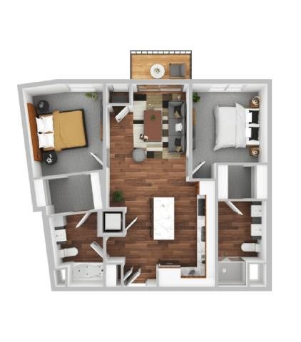 Floor plan for 2 beds, 2 baths, 1021 sqft